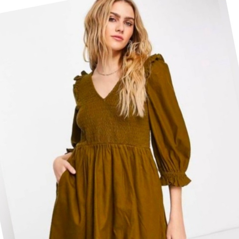 Madewell Lucie Smocked V-Neck Ruffle Shoulder Mini Dress Sm Olive Green Cotton‎